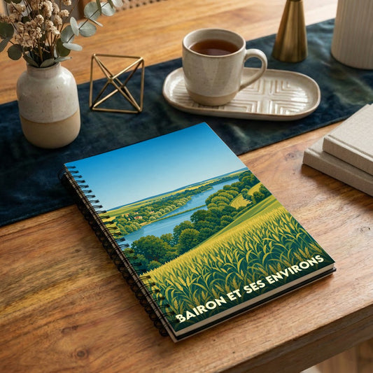 Carnet souvenir de Bairon et ses environs illustré par un paysage de champs et de rivière.