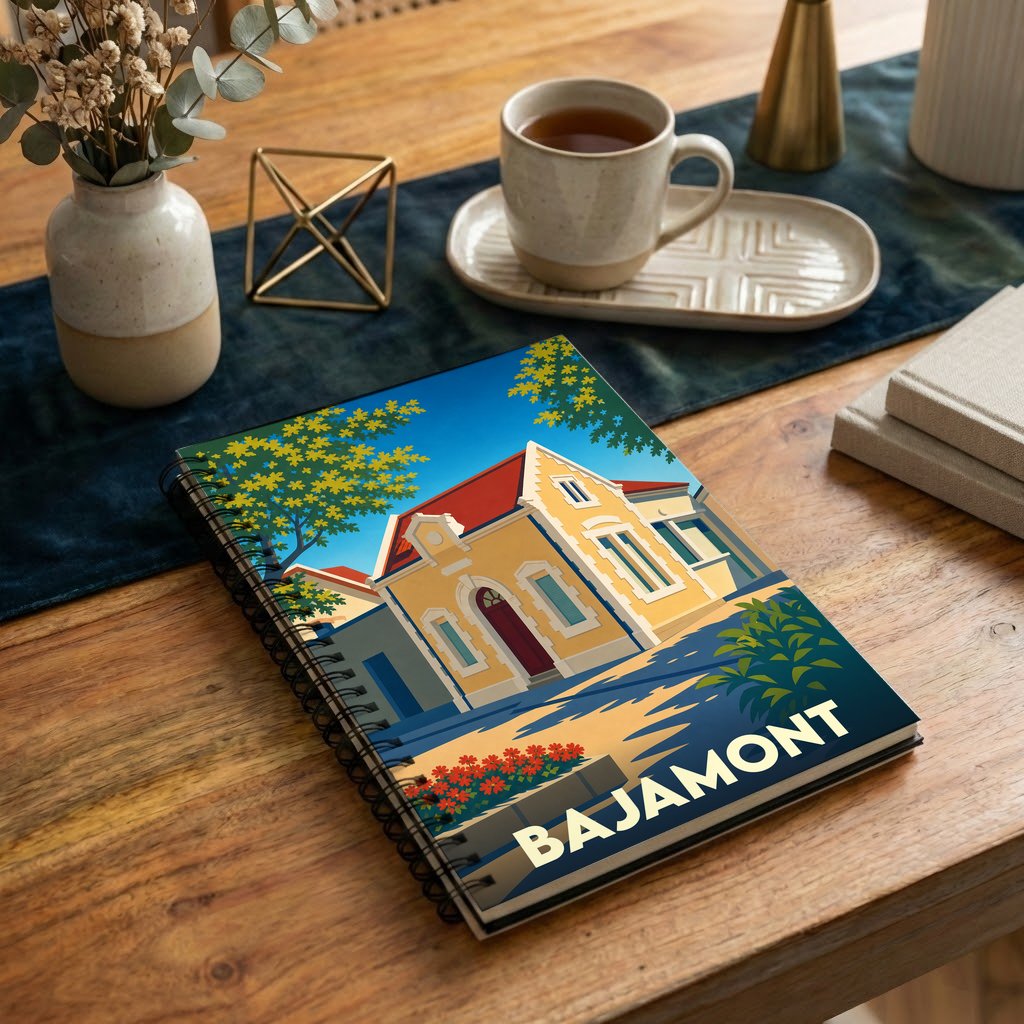 Carnet souvenir de la ville de Bajamont avec une illustration stylisée d'une maison traditionnelle.