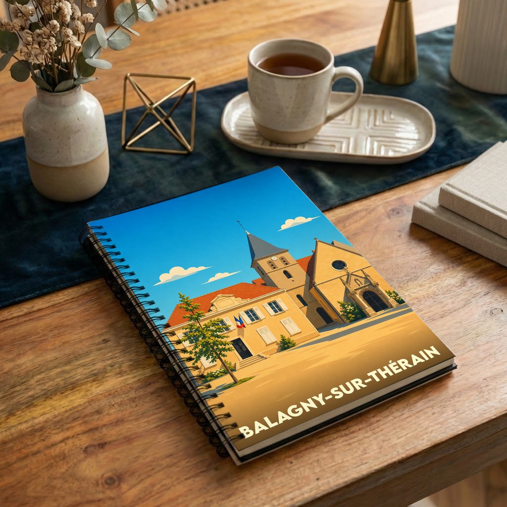 Carnet souvenir de la ville de Balagny-sur-Thérain avec une illustration stylisée de son église et de sa mairie.
