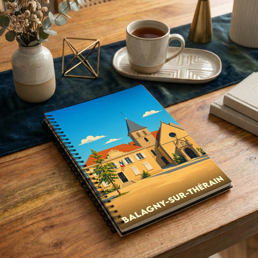Carnet souvenir de la ville de Balagny-sur-Thérain avec une illustration stylisée de son église et de sa mairie.