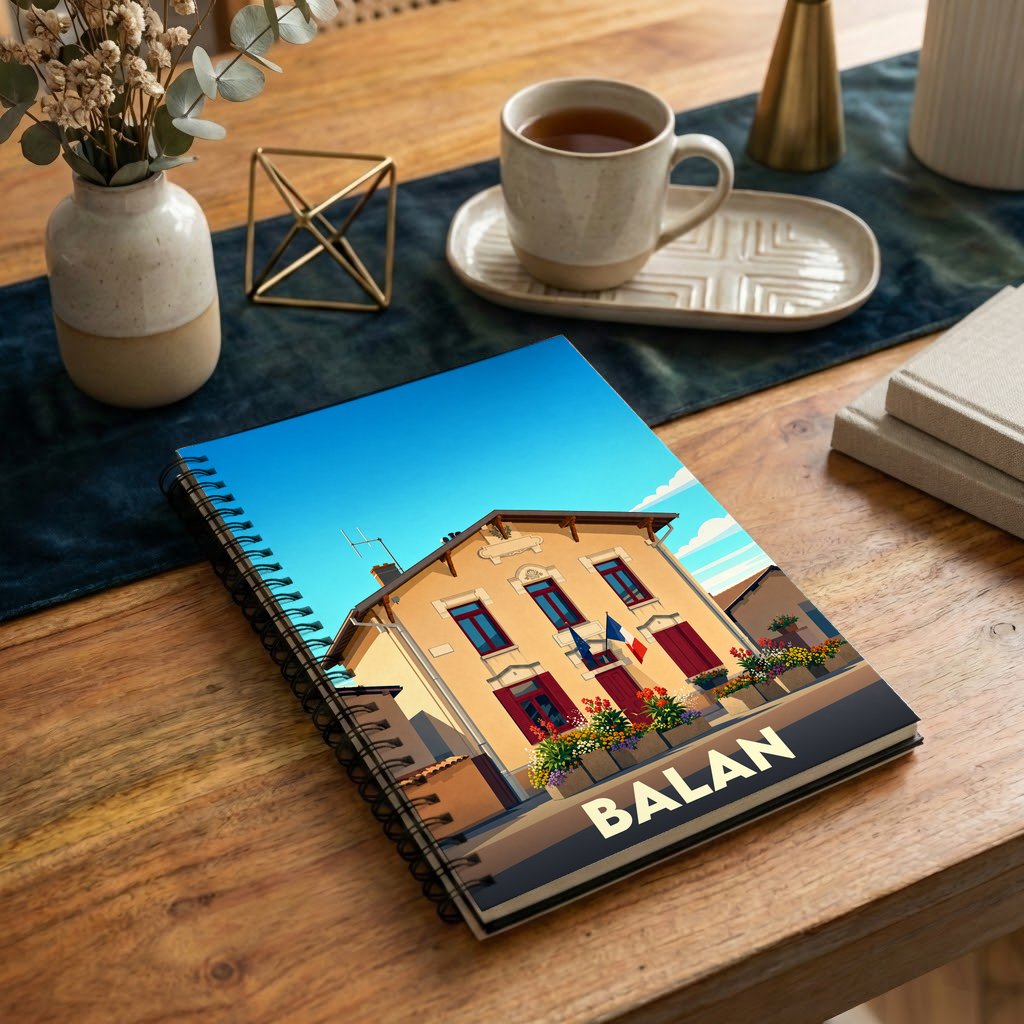 Carnet de notes à spirales souvenir de la ville de Balan, orné d'une illustration stylisée de son hôtel de ville.