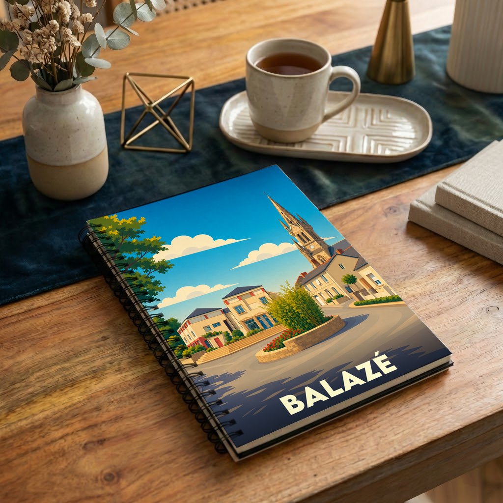 Carnet à spirales souvenir de la ville de Balazé avec une illustration stylisée d'un paysage urbain.