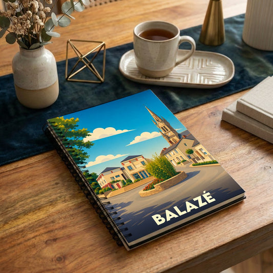 Carnet à spirales souvenir de la ville de Balazé avec une illustration stylisée d'un paysage urbain.