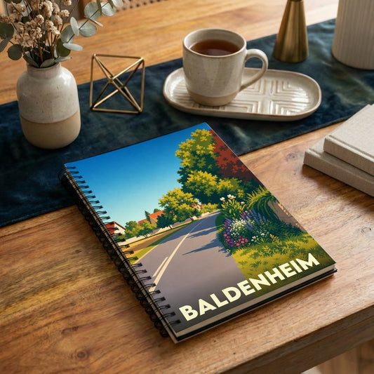 Carnet à spirales souvenir de la ville de Baldenheim avec une illustration stylisée d'un paysage urbain verdoyant.