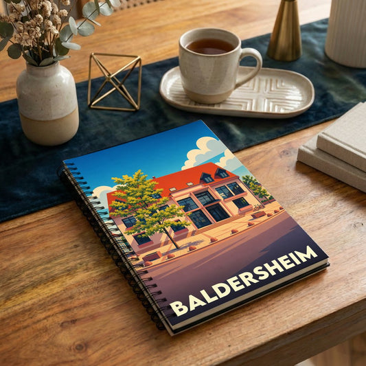 Carnet à spirales souvenir de la ville de Baldersheim avec une illustration stylisée.