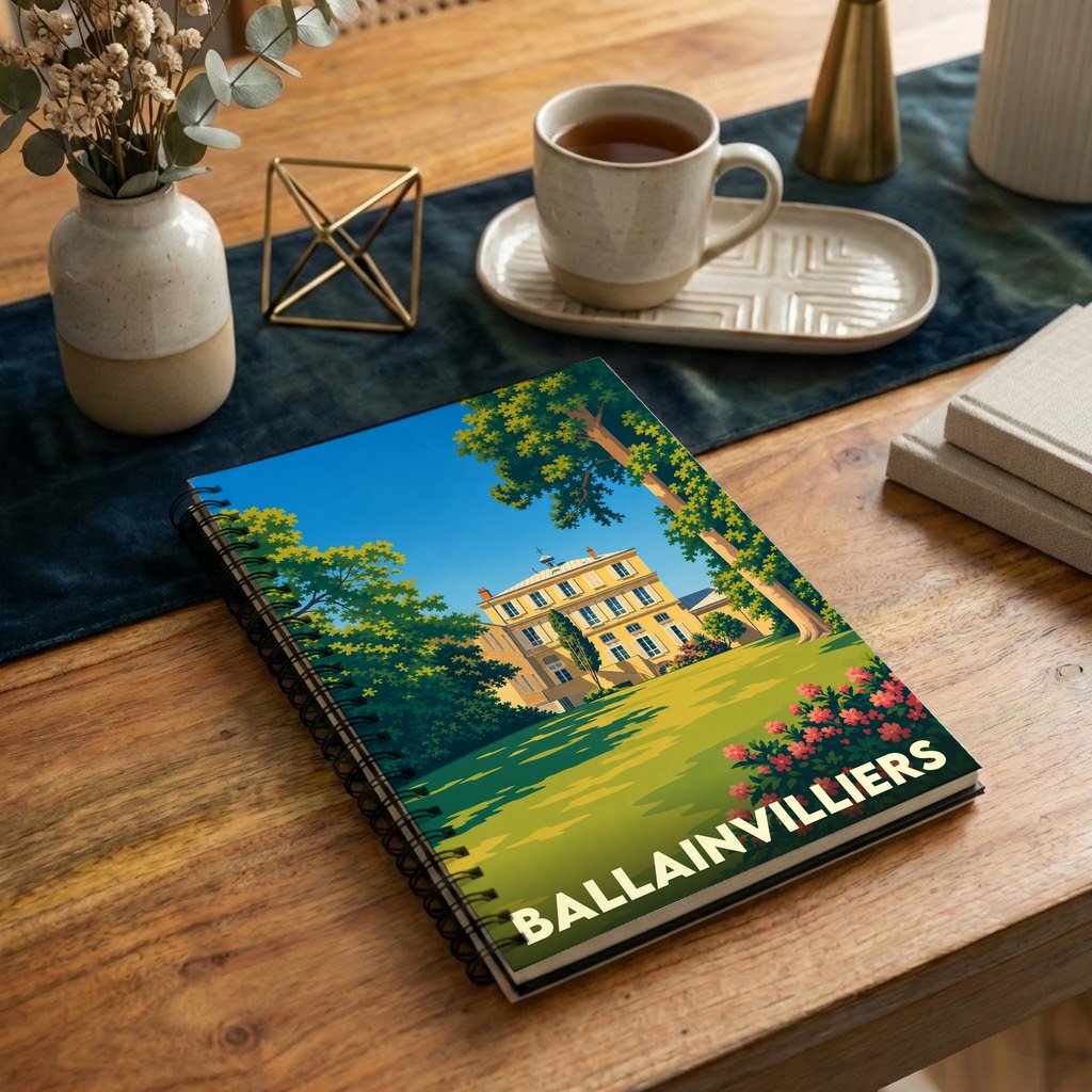 Carnet à spirales souvenir de la ville de Ballainvilliers avec une illustration stylisée de son château.