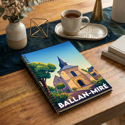 Carnet souvenir de la ville de Ballan-Miré orné d'une illustration stylisée de son église.