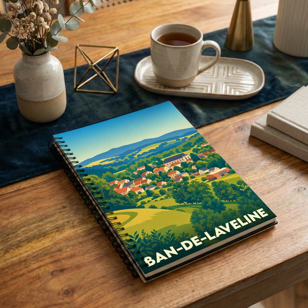 Carnet à spirales souvenir de la ville de Ban-de-Laveline avec une illustration paysagère stylisée.