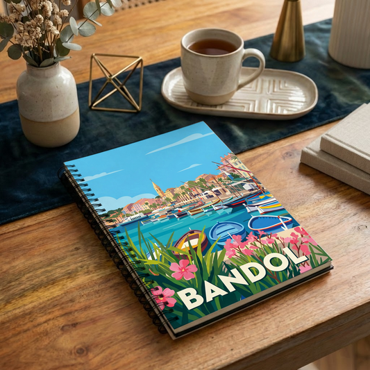 Carnet souvenir de la ville de Bandol avec une illustration stylisée de son port.
