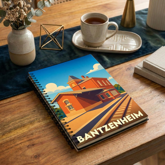 Carnet souvenir de la ville de Bantzenheim avec une illustration stylisée de sa gare.