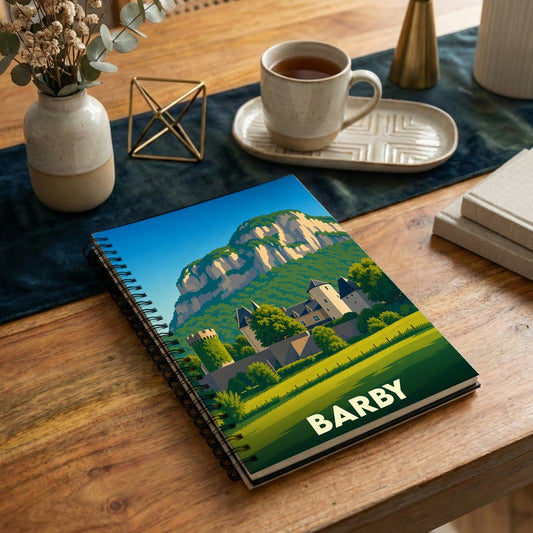Carnet de notes souvenir de la ville de Barby avec une illustration stylisée de son paysage et de son château.