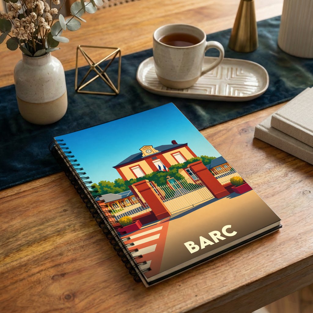 Carnet à spirales souvenir de la ville de Barc avec une illustration stylisée de sa mairie.