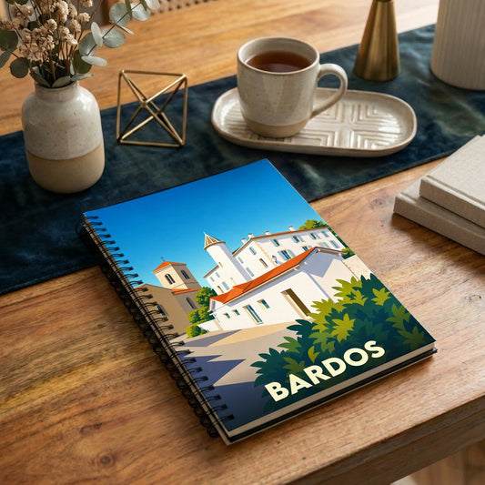 Carnet souvenir de la ville de Bardos avec une illustration stylisée.