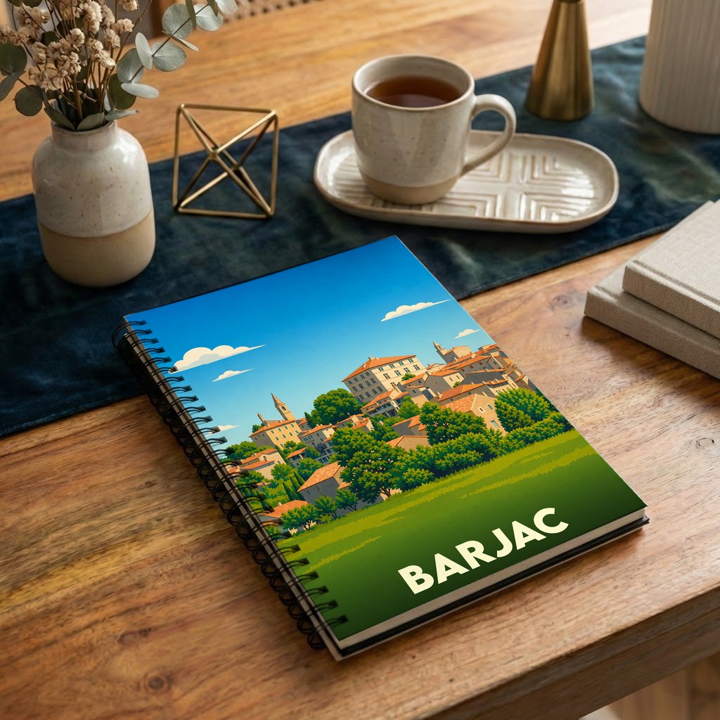 Carnet de notes à spirales souvenir de la ville de Barjac avec une illustration stylisée de son paysage urbain.