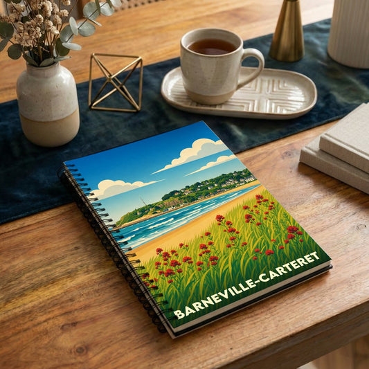 Carnet de notes souvenir de Barneville-Carteret illustré par une vue stylisée de sa plage et de ses dunes.