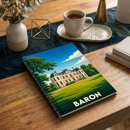 Carnet à spirales souvenir de la ville de Baron avec une illustration stylisée d'un château.