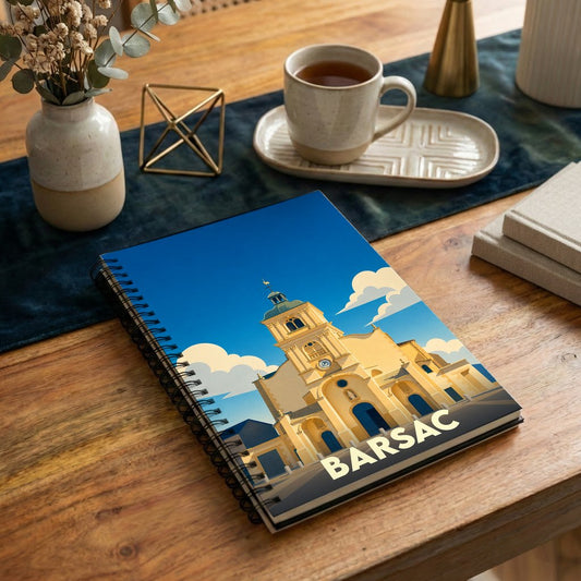 Carnet à spirales souvenir de la ville de Barsac avec une illustration stylisée de son église.