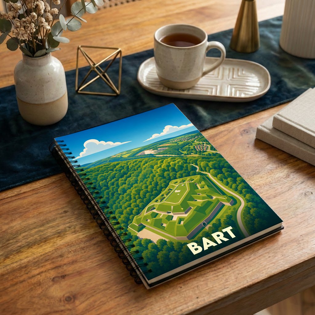 Carnet à spirales souvenir de la ville de Bart avec une illustration stylisée de sa citadelle.