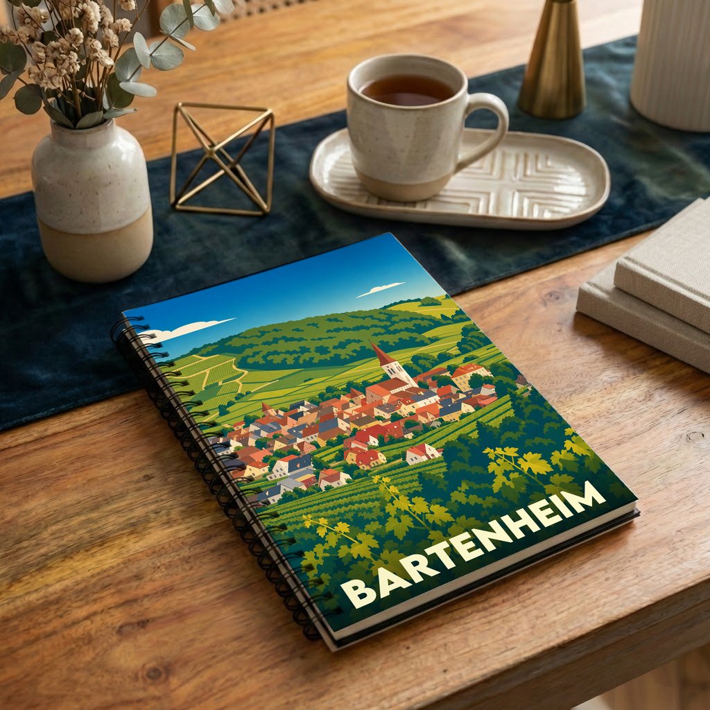 Carnet à spirales souvenir de la ville de Bartenheim avec une illustration stylisée d'un village alsacien entouré de vignobles.