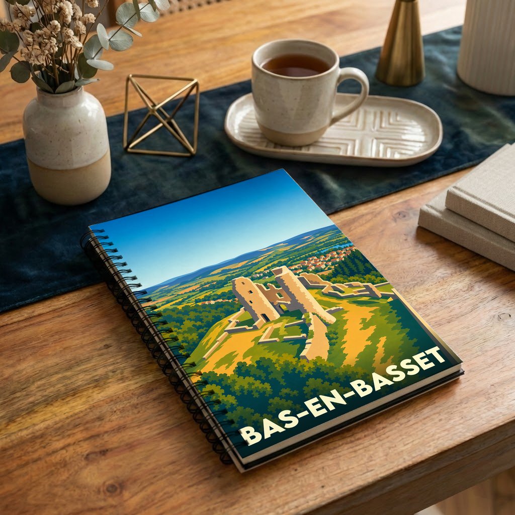 Carnet à spirales souvenir de la ville de Bas-en-Basset avec une illustration stylisée de son château médiéval.