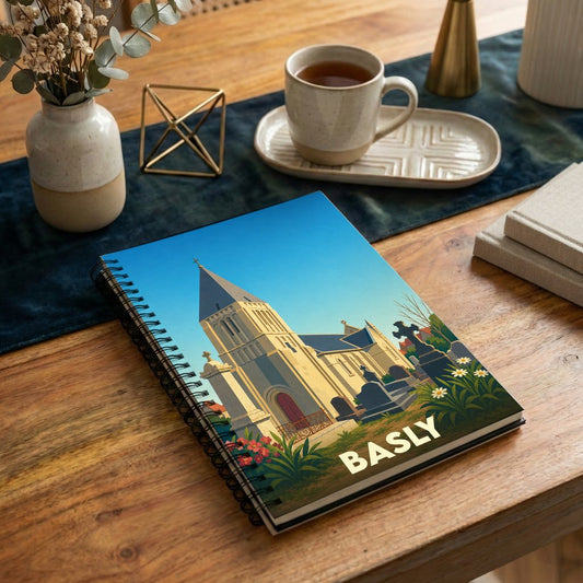 Carnet souvenir de la ville de Basly avec une illustration stylisée de son église.