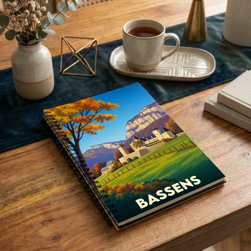 Carnet souvenir de la ville de Bassens avec une illustration stylisée de son paysage et de son patrimoine.