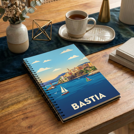 Carnet souvenir de la ville de Bastia avec une illustration stylisée de son front de mer.