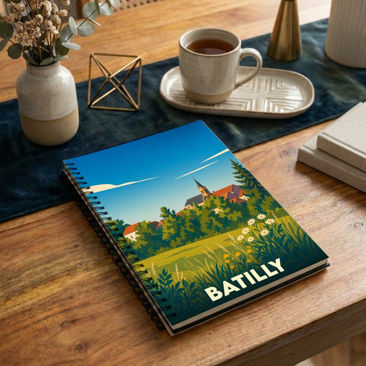 Carnet souvenir de la ville de Batilly avec une illustration stylisée d'un paysage champêtre.