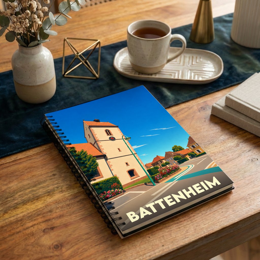 Carnet souvenir de la ville de Battenheim avec une illustration stylisée.