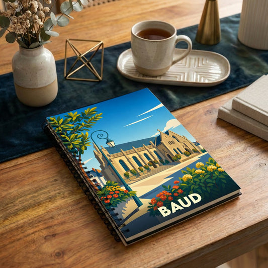 Carnet à spirales souvenir de la ville de Baud avec une illustration stylisée de son église et de parterres fleuris.