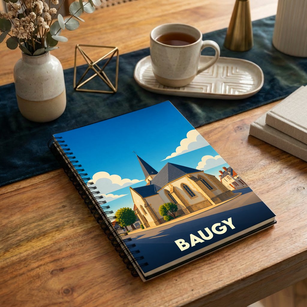 Carnet à spirales souvenir de la ville de Baugy avec une illustration stylisée d'une église sous un ciel bleu.