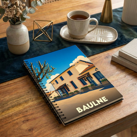Carnet de notes à spirales souvenir de la ville de Baulne avec une illustration stylisée d'une maison de village.
