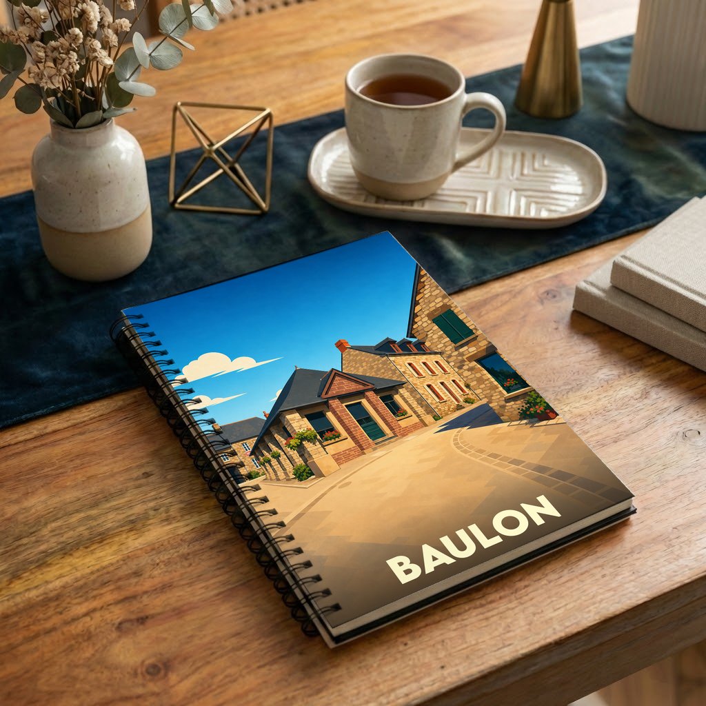 Carnet souvenir à spirales de la ville de Baulon avec une illustration stylisée de ses rues ensoleillées.