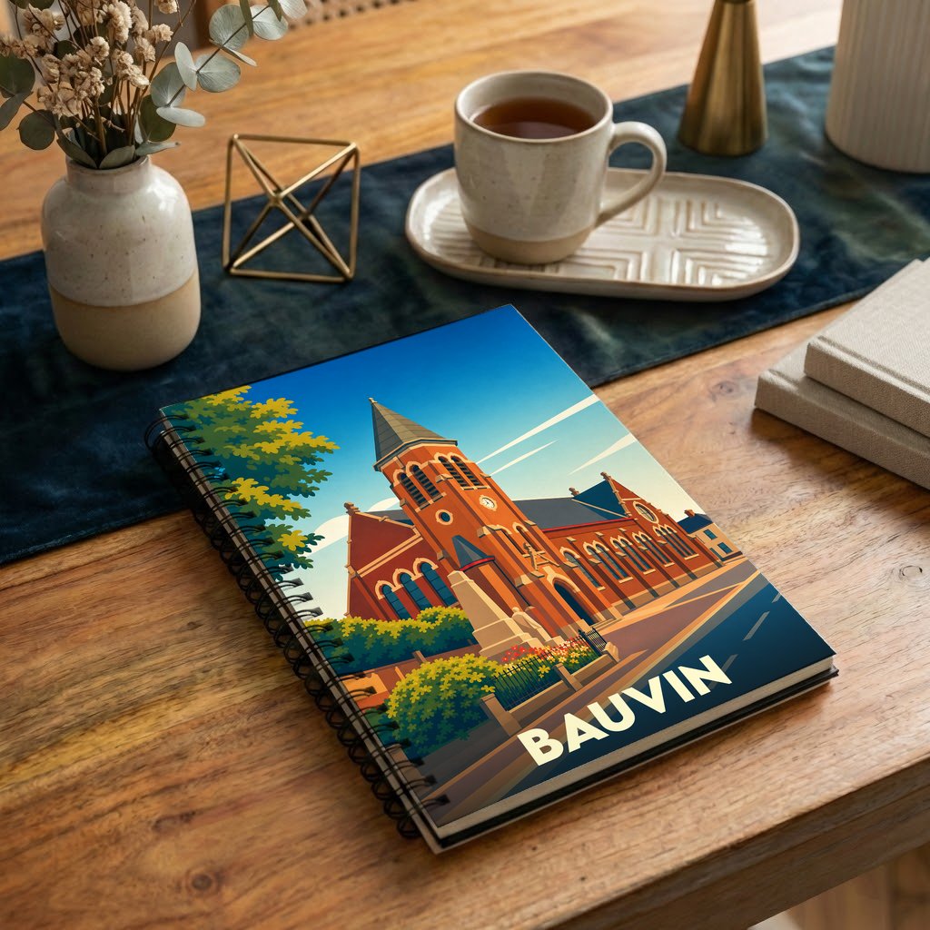 Carnet à spirales souvenir de la ville de Bauvin avec une illustration stylisée de son église.