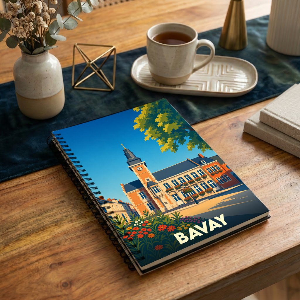 Carnet souvenir de la ville de Bavay avec une illustration stylisée de son hôtel de ville.