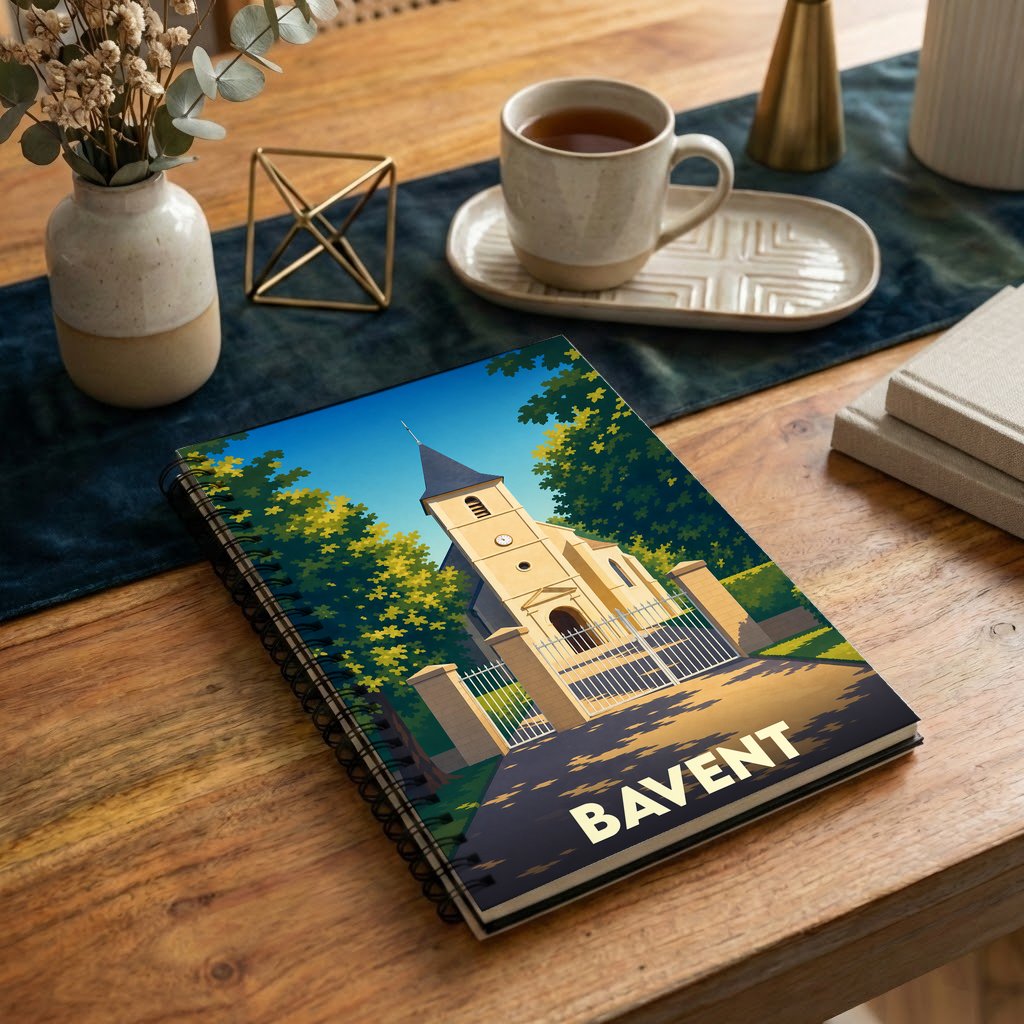 Carnet souvenir de la ville de Bavent avec une illustration stylisée de son église.