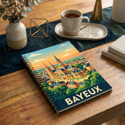 Carnet souvenir de la ville de Bayeux avec une illustration stylisée et colorée.
