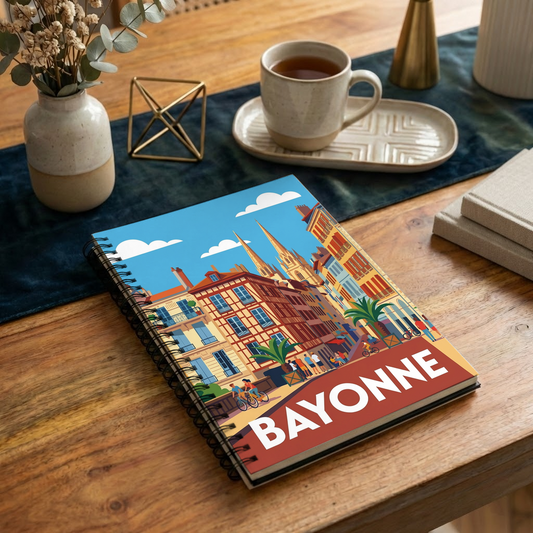 Carnet souvenir de la ville de Bayonne avec une illustration stylisée de ses rues et de son architecture colorée.