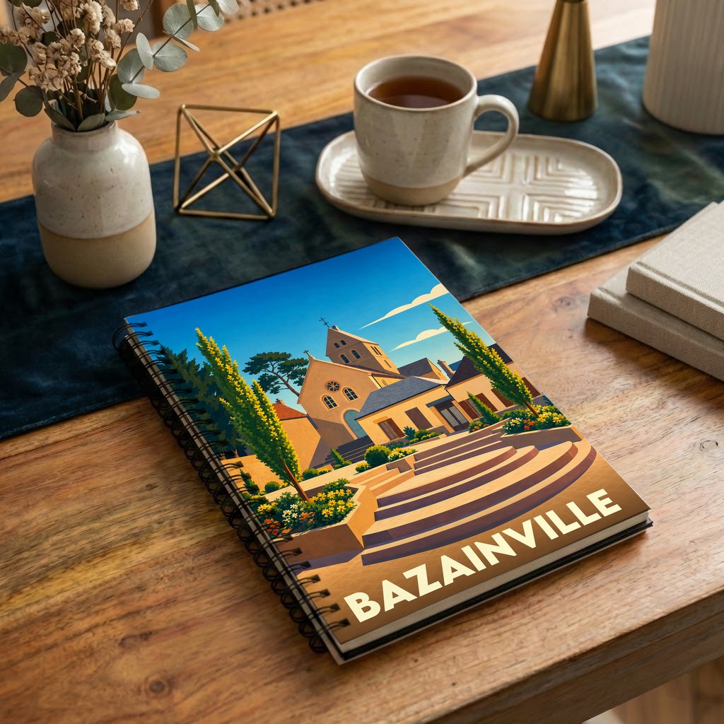 Carnet souvenir de la ville de Bazainville avec une illustration stylisée et colorée de son église.