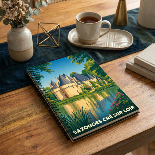 Carnet à spirales souvenir de la ville de Bazouges Cré sur Loir avec une illustration stylisée de son château.