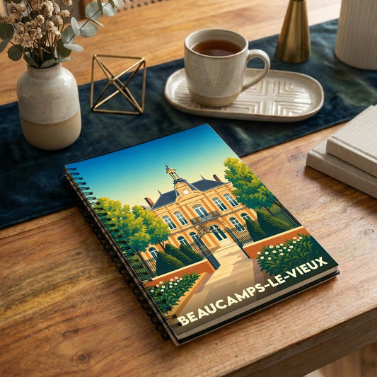 Carnet de notes souvenir de Beaucamps-le-Vieux avec une illustration stylisée de l'hôtel de ville.