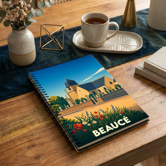 Carnet à spirales souvenir de la ville de Beaucé avec une illustration stylisée de son église et de fleurs colorées.