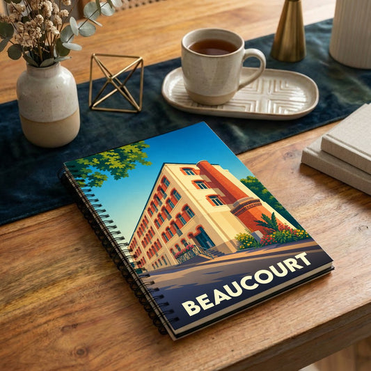 Carnet souvenir de la ville de Beaucourt avec une illustration stylisée d'un bâtiment historique.