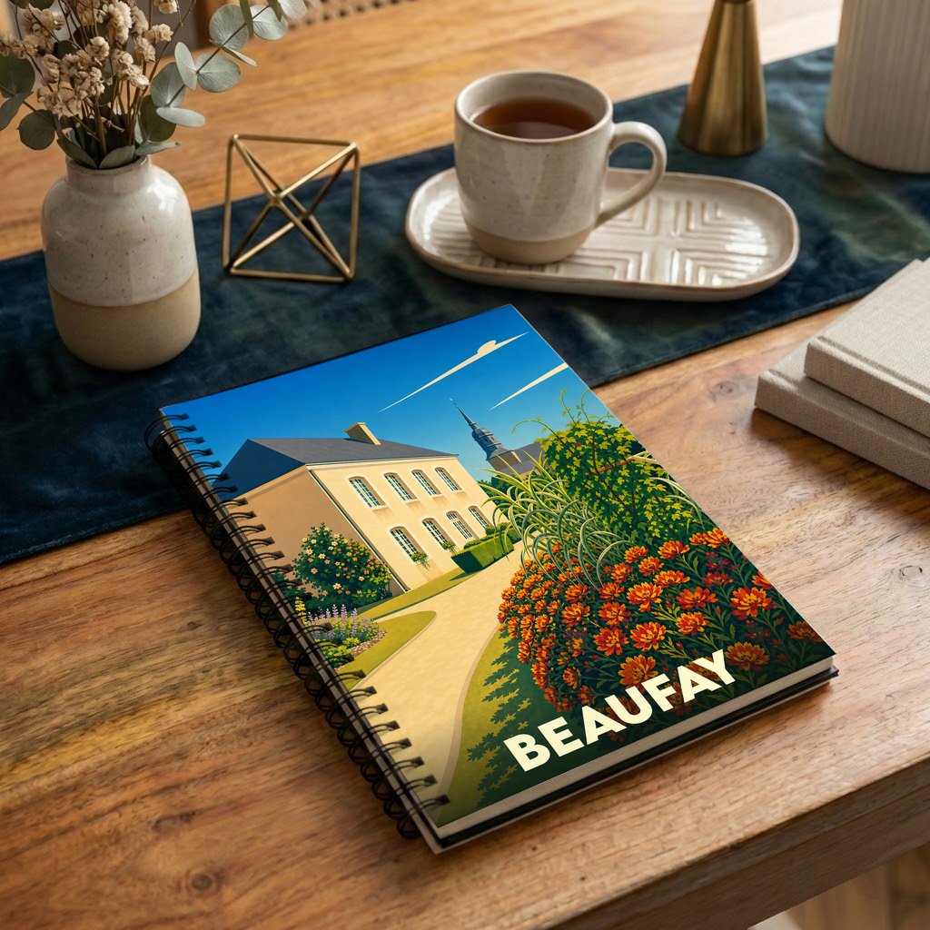Carnet souvenir de la ville de Beaufay illustré par un paysage coloré et stylisé.