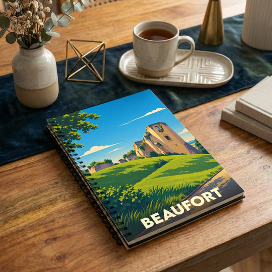 Carnet souvenir de la ville de Beaufort avec une illustration stylisée de son château.