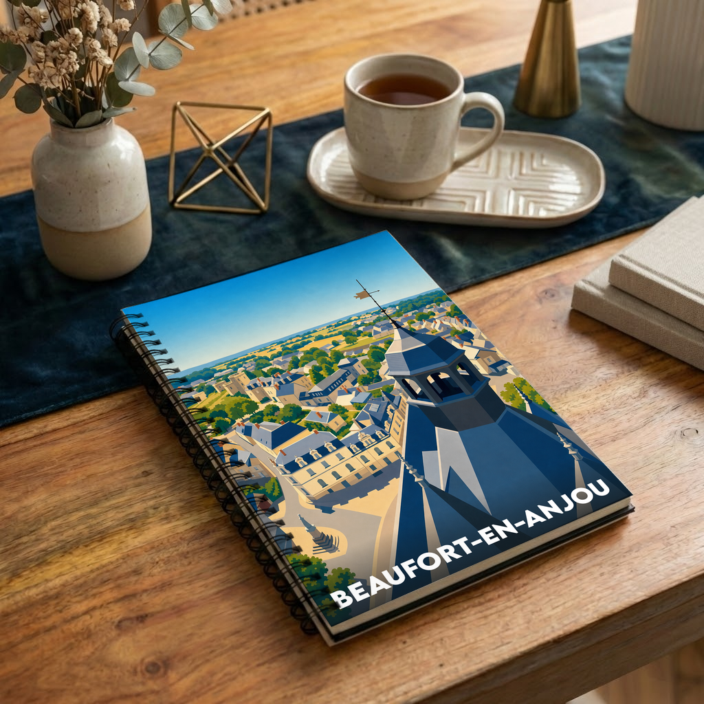 Carnet souvenir à spirales de la ville de Beaufort-en-Anjou avec une illustration stylisée vue du ciel.