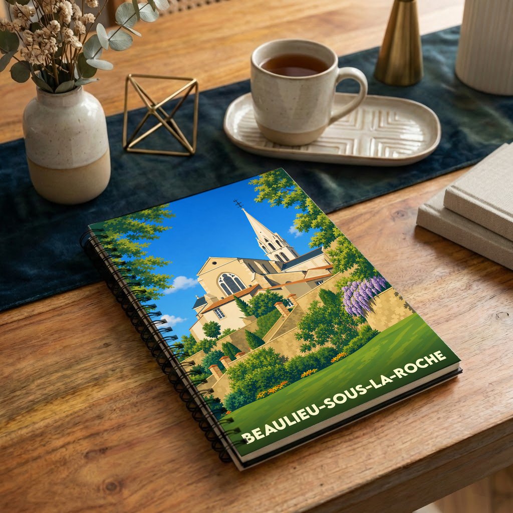 Carnet souvenir de la ville de Beaulieu-sous-la-Roche avec une illustration stylisée de son église et de ses jardins.
