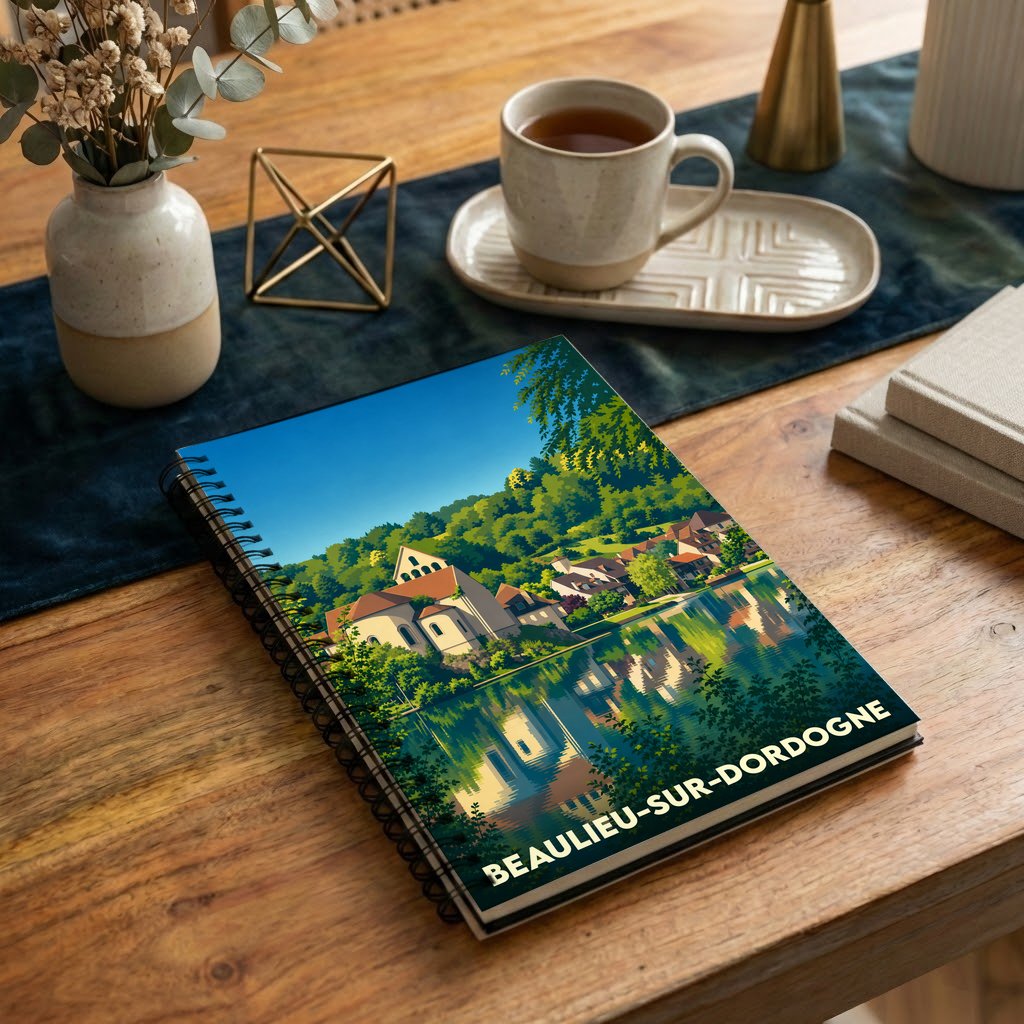 Carnet souvenir de la ville de Beaulieu-sur-Dordogne avec une illustration stylisée des bords de la rivière.