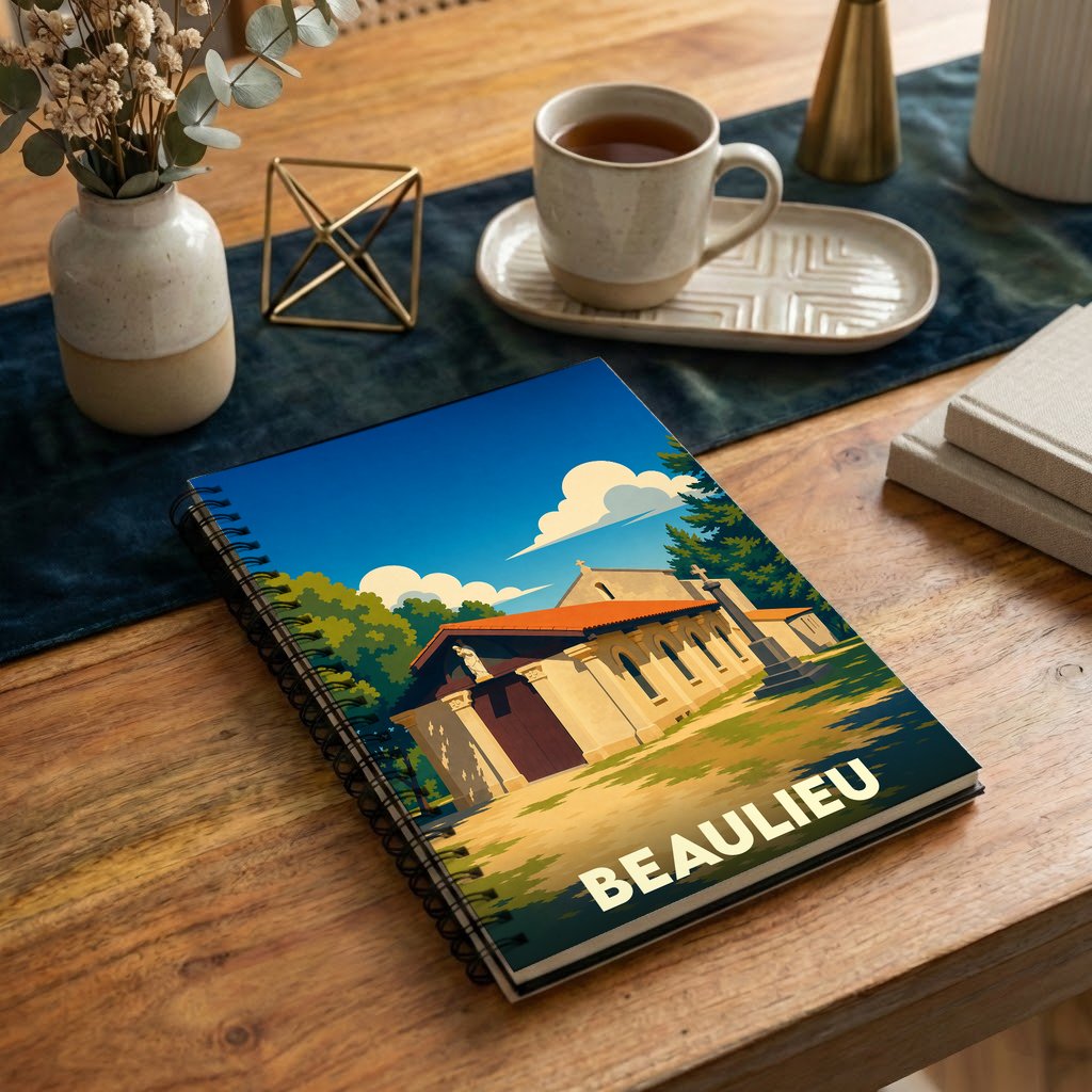 Carnet souvenir de la ville de Beaulieu avec une illustration stylisée d'une église sous un ciel bleu.