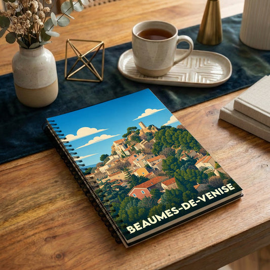 Carnet de notes à spirales souvenir de Beaumes-de-Venise avec une illustration stylisée du village.